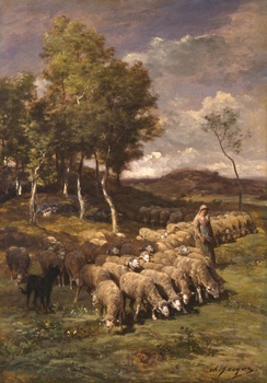 Shepherdess with Her Flock and Dog Shepherdess with Her Flock and Dog by Charles Jacque (French, 1813 - 1894)