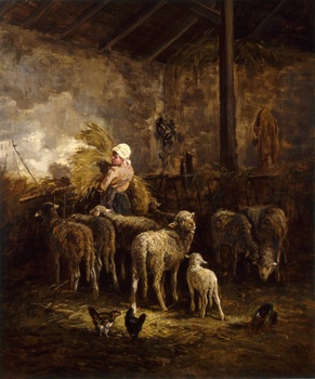 Sheep and Shepherdess in a Sheepfold Sheep and Shepherdess in a Sheepfold by Charles Jacque (French, 1813 - 1894)