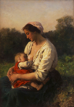 Young Mother nursing her Child, Courrières (Jeune Mère allaitant son enfant, Courrières), 1873 by Jules Breton (French, 1827 - 1906)