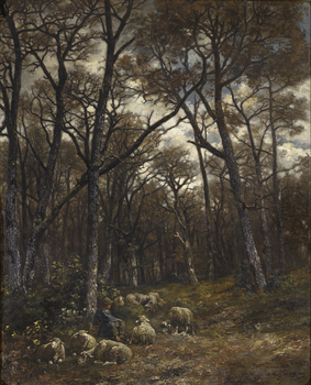 Shepherd and flock in a moonlit forest Shepherd and flock in a moonlit forest by Charles Jacque (French, 1813 - 1894)
